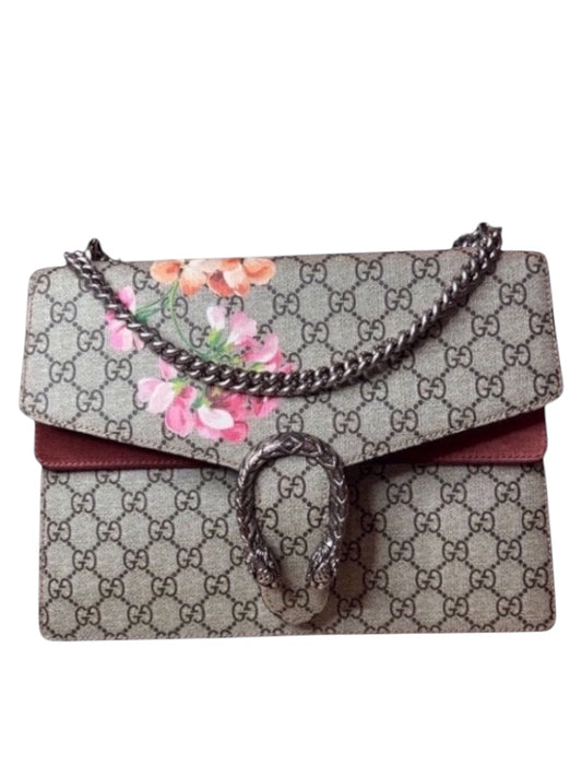 Posh Purse Co Gucci Dionysus Bloom shoulder bag in GG Supreme canvas with floral print and tiger head spur closure.