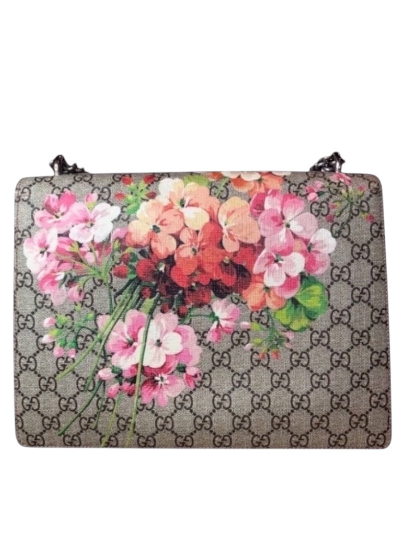 Posh Purse Co Gucci Dionysus Bloom shoulder bag in GG Supreme canvas with floral print and tiger head spur closure.