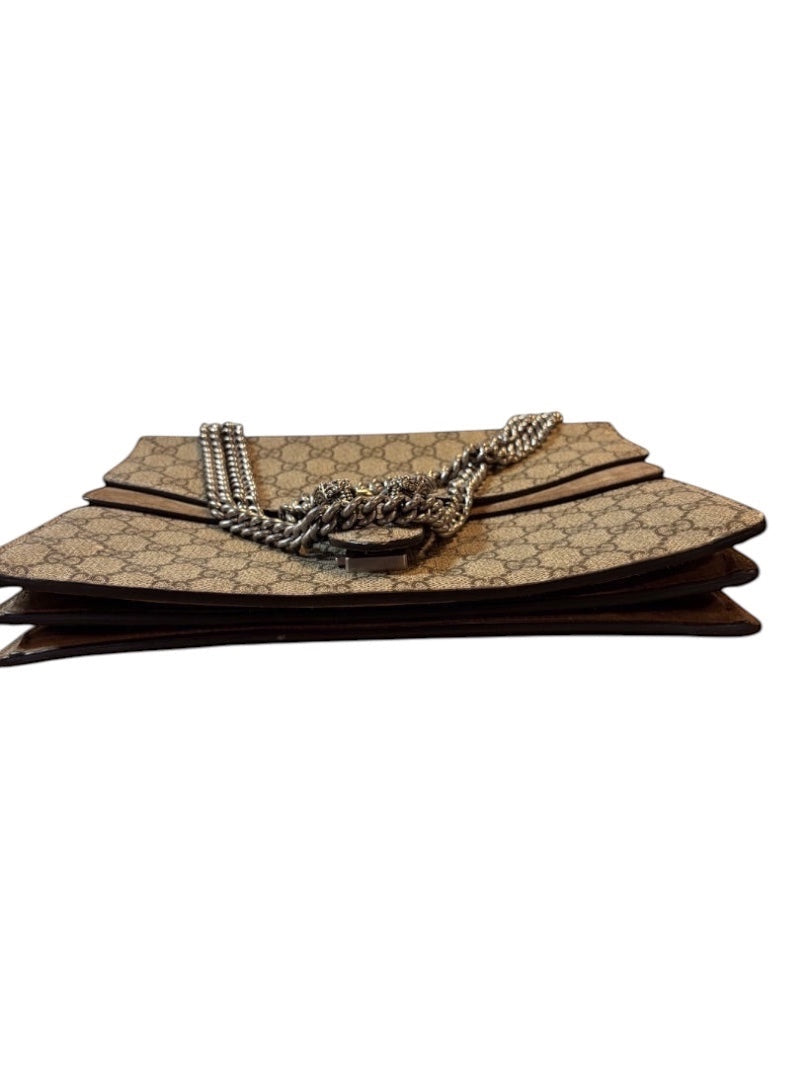 Posh Purse Co beige and ebony GG Supreme canvas shoulder bag with tiger-head spur closure and silver chain strap.