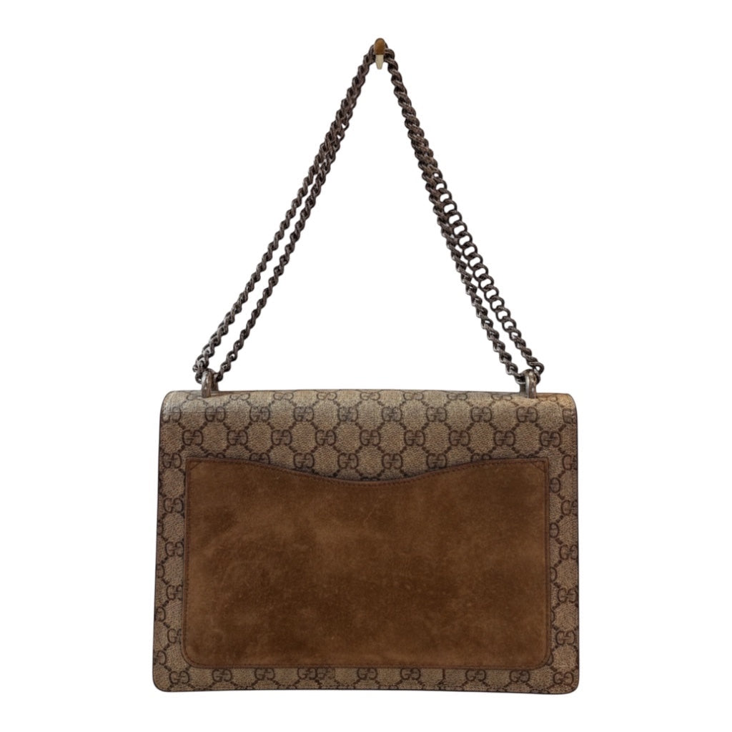 Posh Purse Co Gucci Dionysus GG Supreme canvas shoulder bag with suede panel and chain strap.