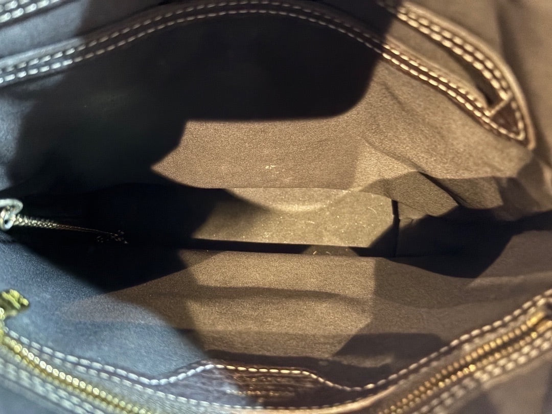 Interior view of Posh Purse Co Gucci Dionysus GG Supreme canvas shoulder bag with beige and ebony monogram pattern and antique silver-tone hardware.