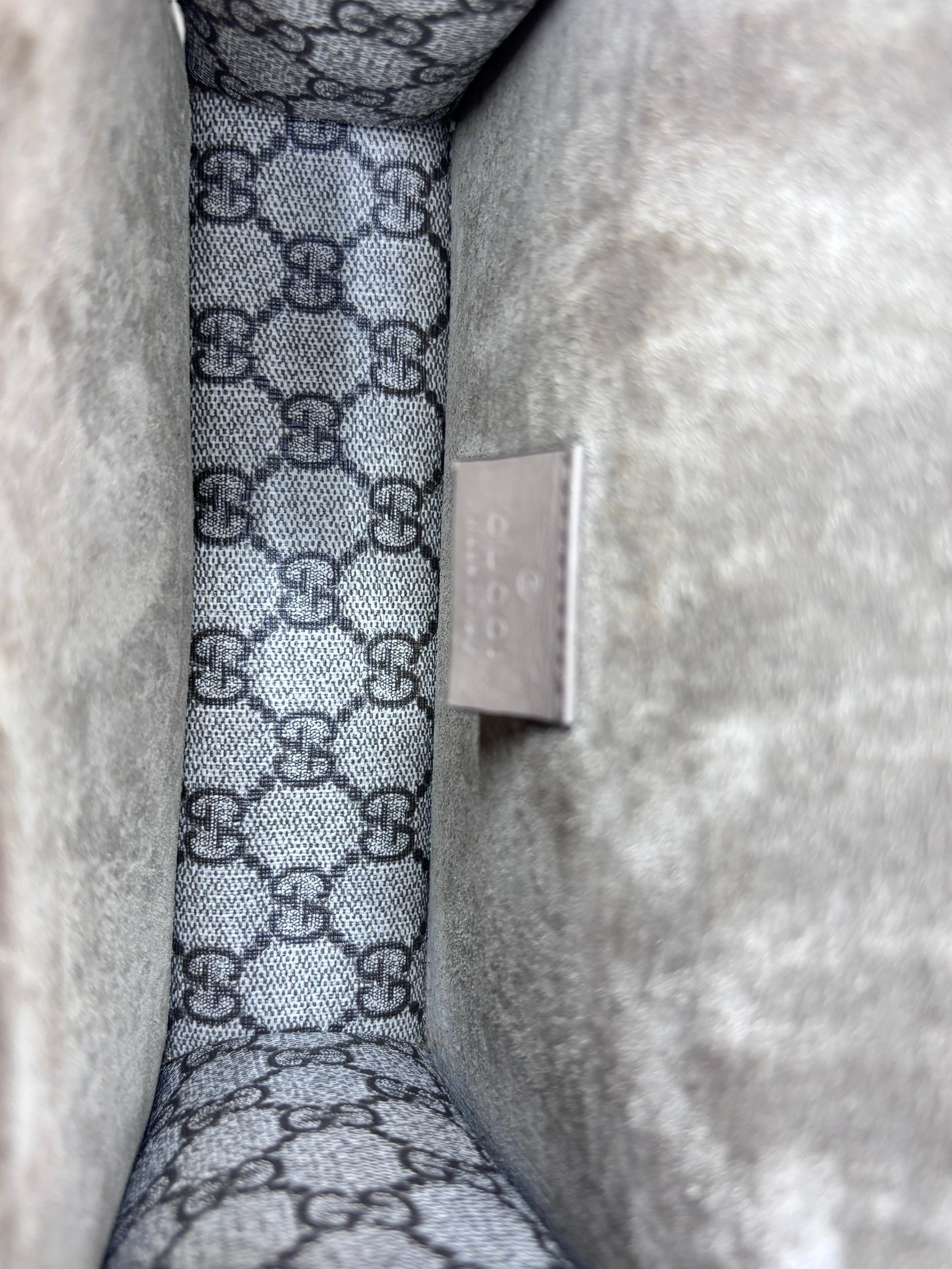 Interior of Posh Purse Co preowned Gucci Dionysus small bag featuring grey GG monogram canvas and suede lining