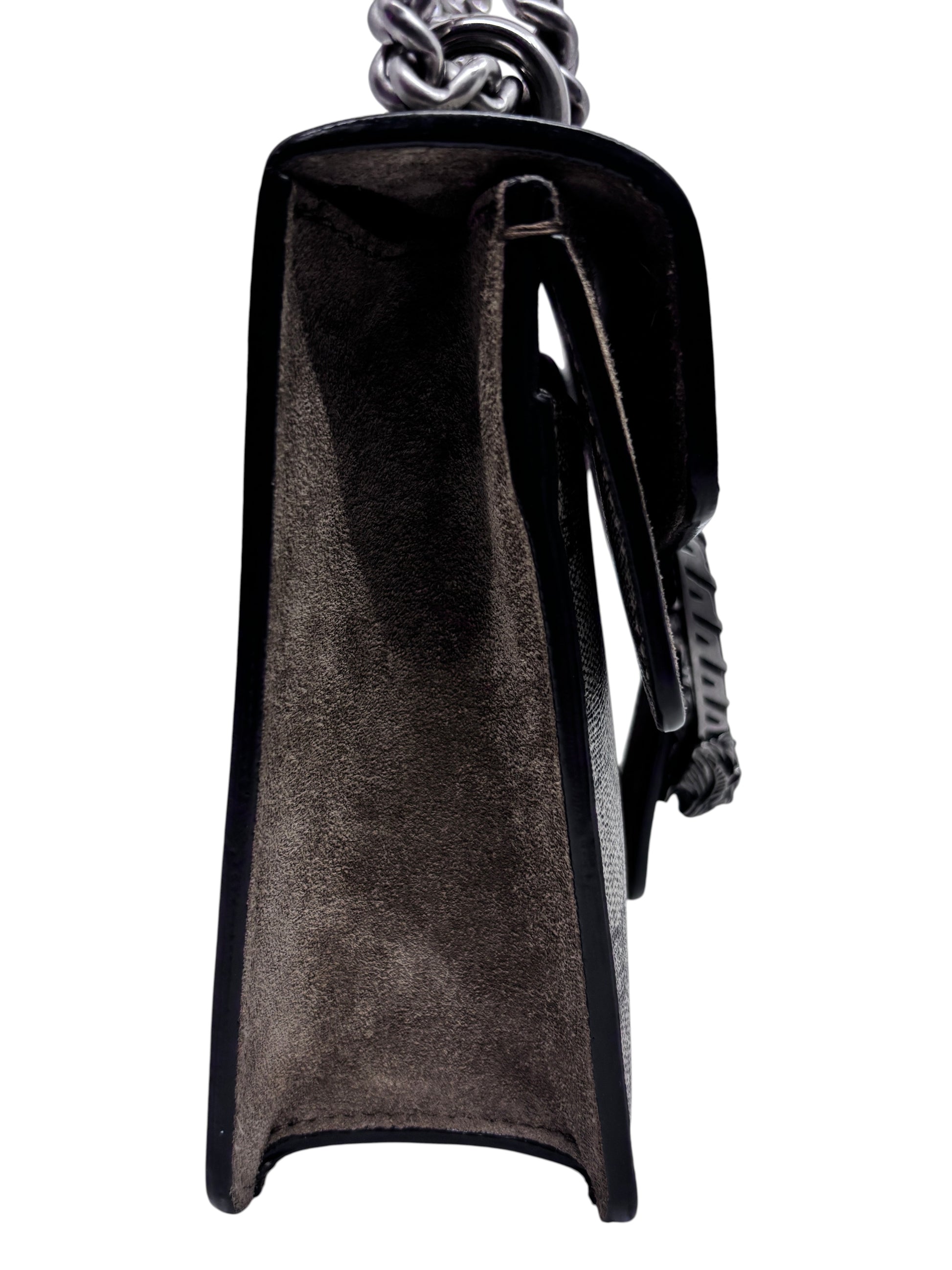 Side view of a Posh Purse Co preowned Gucci Dionysus small shoulder bag featuring grey suede and chain strap