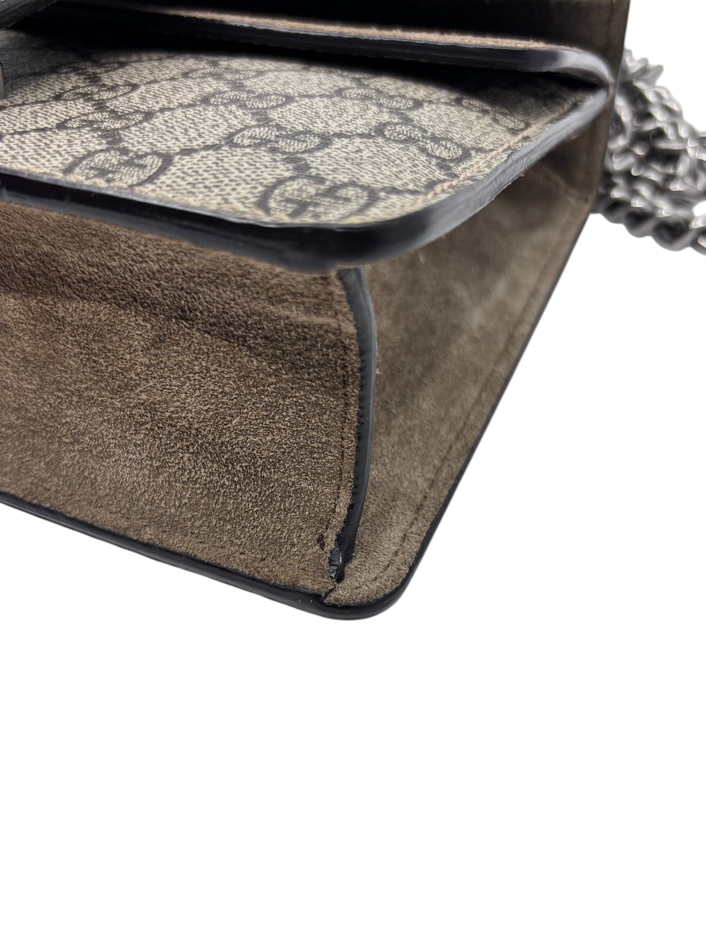 Posh Purse Co preowned Gucci Dionysus small bag showing the brown suede side panel and GG monogram canvas detail.