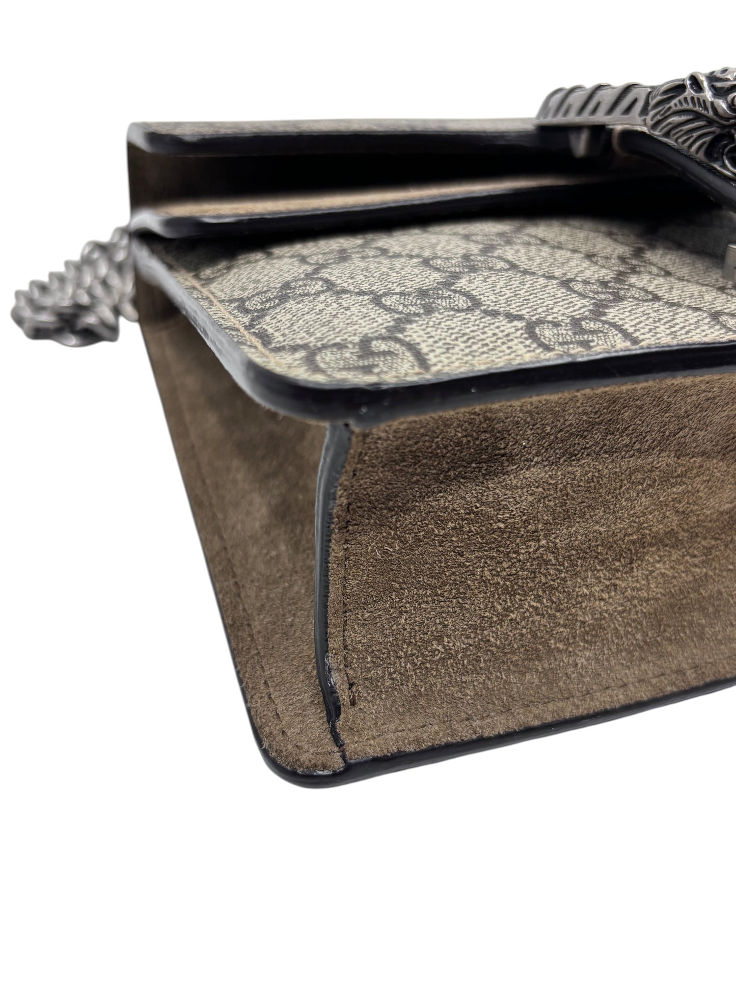 Posh Purse Co Gucci Monogram Dionysus small shoulder bag featuring brown suede side panel and tiger head hardware