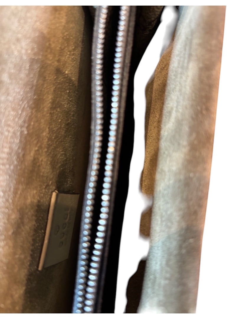 Posh Purse Co Gucci Dionysus GG Supreme canvas bag interior detail with zipper and leather trim.