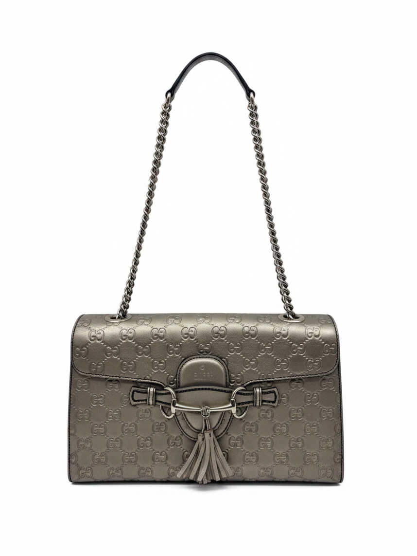 Posh Purse Co. Gucci Guccissima Emily shoulder bag in metallic grey embossed leather with chain strap and tassel.