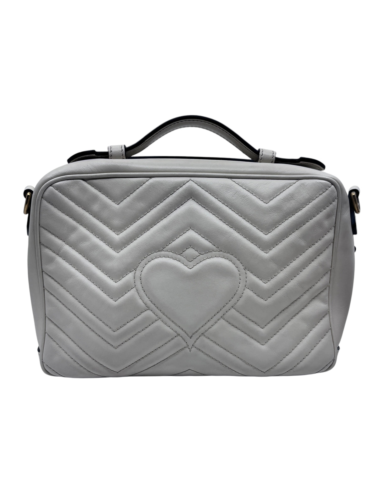 Posh Purse Co Gucci GG Marmont grey quilted leather camera bag with heart detail and top handle