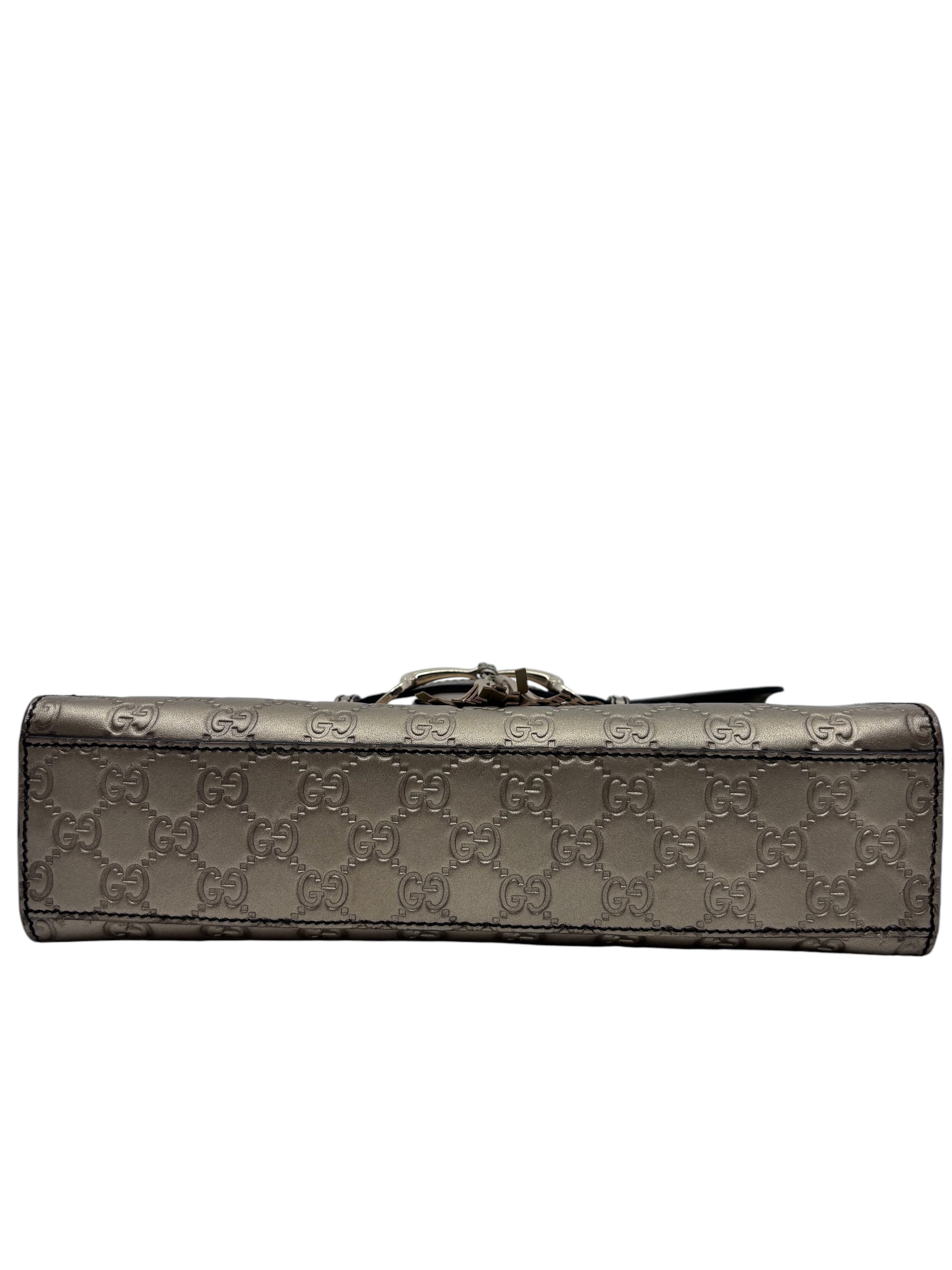 Posh Purse Co. Gucci Guccissima Emily shoulder bag base view in metallic embossed leather with GG monogram pattern