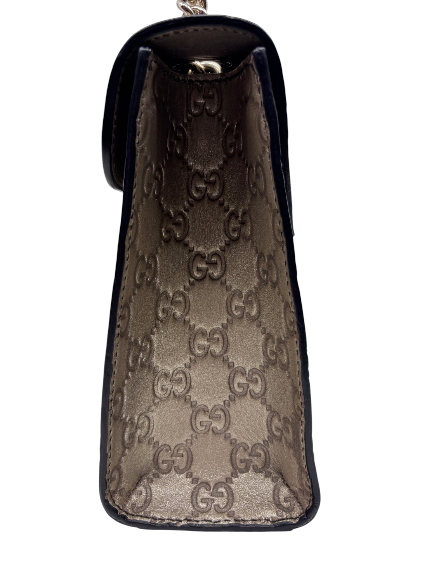Side view of a Posh Purse Co. Gucci Guccissima Emily shoulder bag in metallic embossed leather with GG monogram.