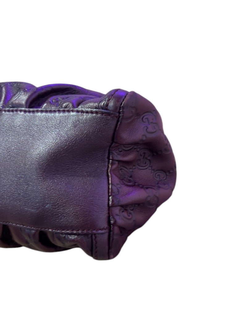 Posh Purse Co. dark purple embossed Guccissima leather handbag with ruched detailing.