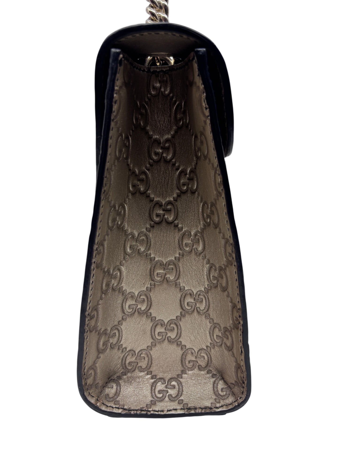 Side view of Posh Purse Co. Gucci Guccissima Emily shoulder bag in metallic embossed leather with GG monogram pattern