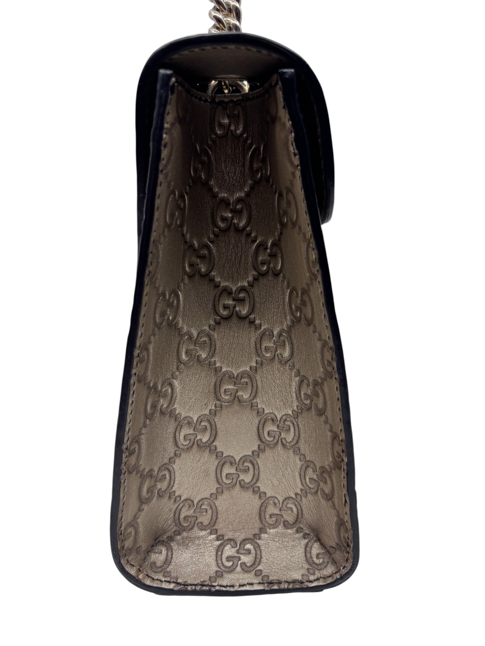 Side view of Posh Purse Co. Gucci Guccissima Emily shoulder bag in metallic embossed leather with GG monogram pattern