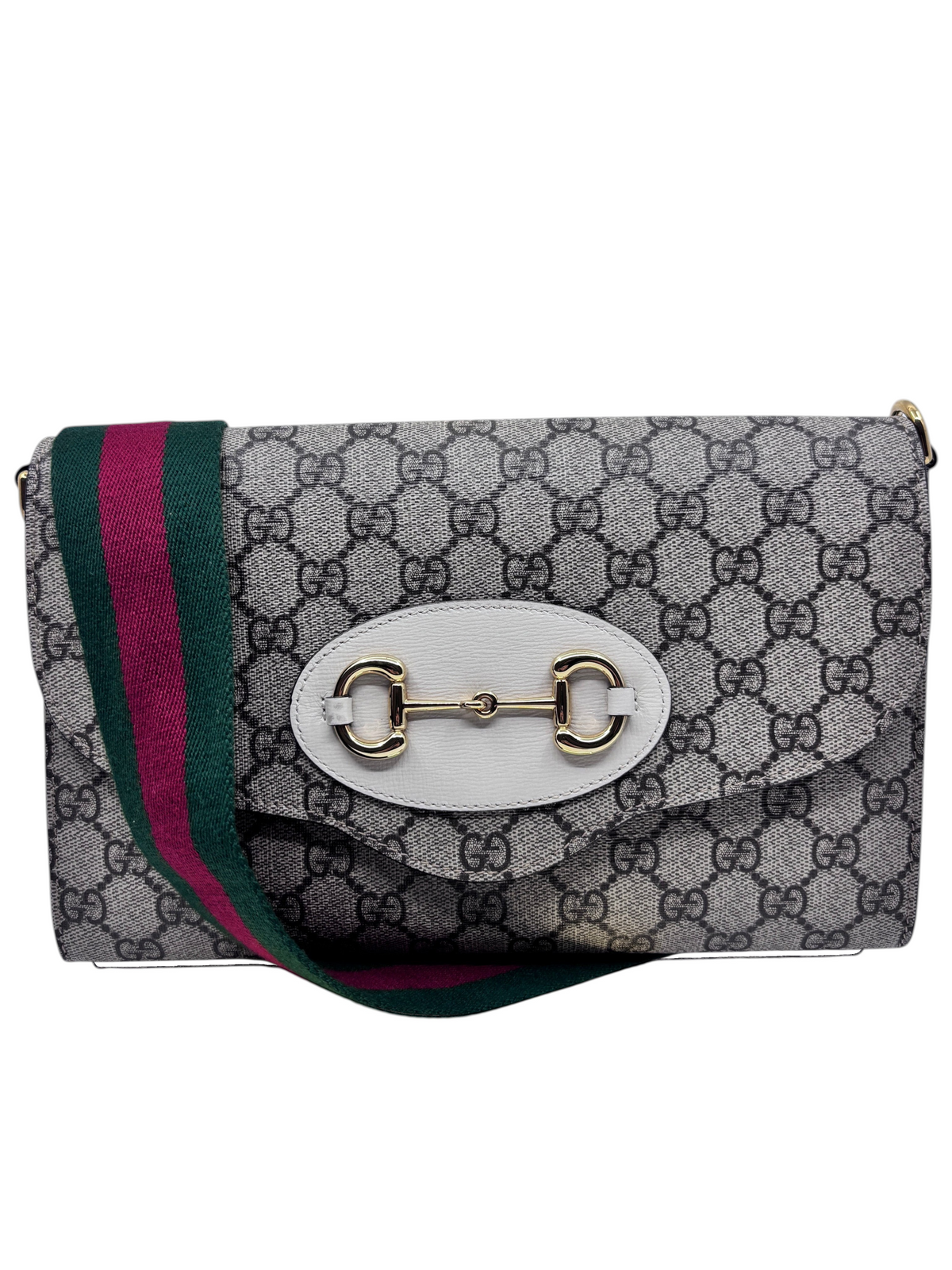 Posh Purse Co. Gucci Horsebit 1955 shoulder bag in GG Supreme monogram canvas with a green and red web strap.