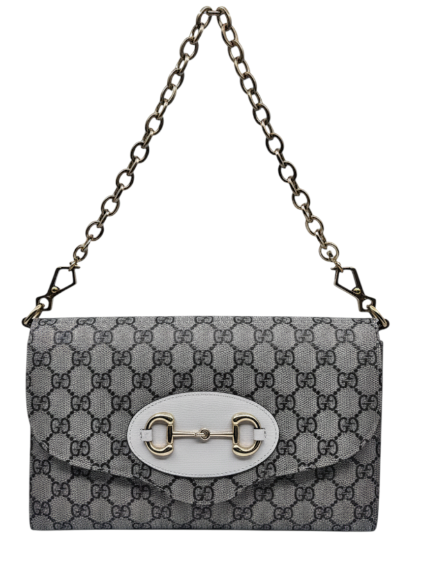 Posh Purse Co. Gucci Horsebit 1955 shoulder bag in grey GG Supreme canvas with white leather trim and gold chain strap.
