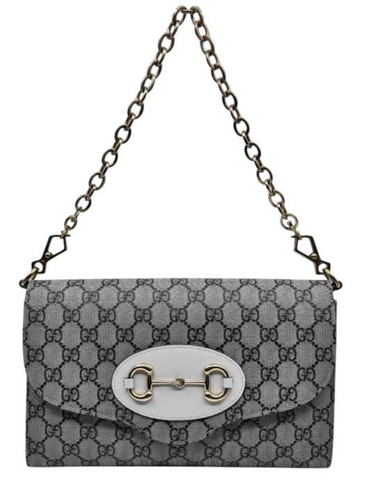 Posh Purse Co. Gucci Horsebit 1955 shoulder bag in grey GG Supreme canvas with white leather trim and gold chain strap.