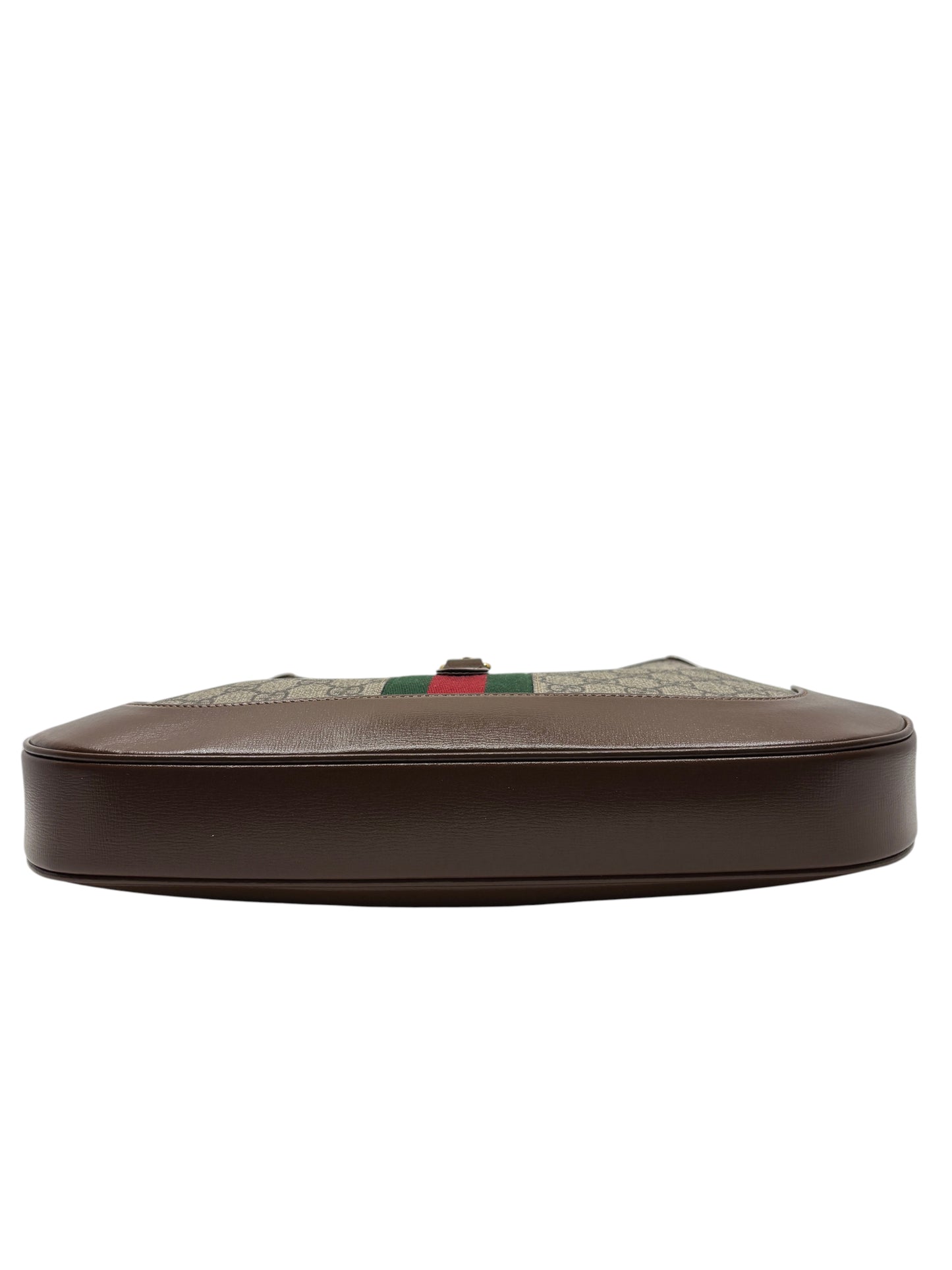 Posh Purse Co. Gucci Jackie 1961 shoulder bag base view showing brown leather trim and iconic GG supreme canvas