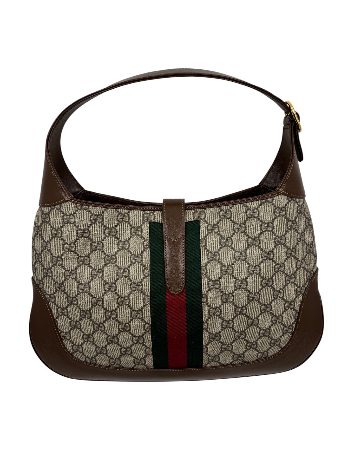 Posh Purse Co. preloved Gucci Jackie 1961 shoulder bag in beige GG Supreme canvas with brown leather and web stripe.