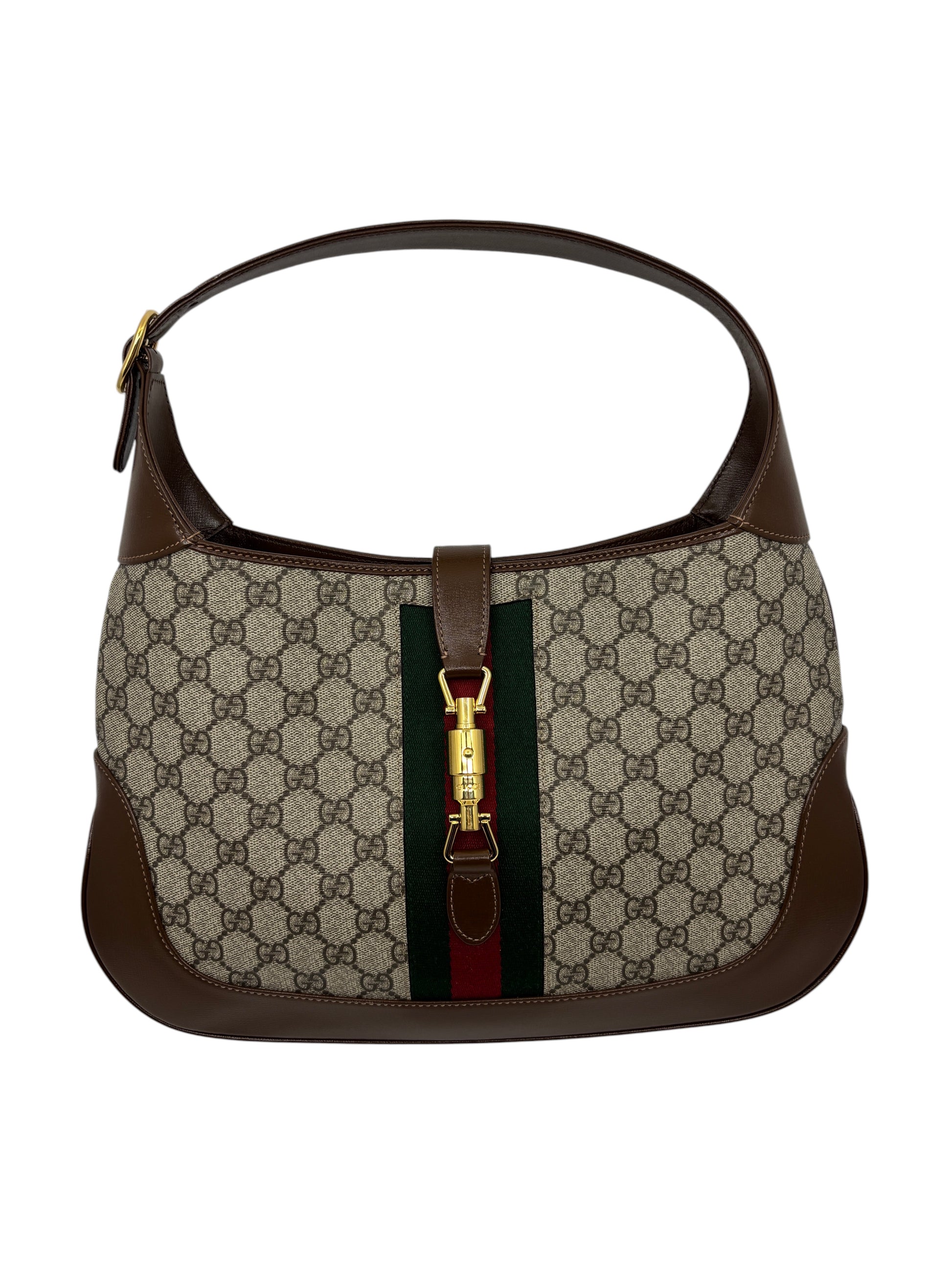 Posh Purse Co. preloved Gucci Jackie 1961 shoulder bag in beige GG Supreme canvas with brown leather trim and piston lock.