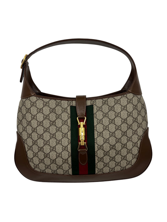 Posh Purse Co. preloved Gucci Jackie 1961 shoulder bag in beige GG Supreme canvas with brown leather trim and piston lock.