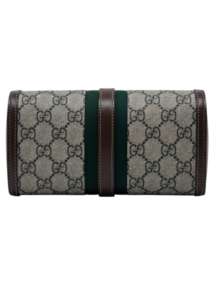 Posh Purse Co Gucci Jackie 1961 clutch in GG Supreme canvas with brown leather trim and green center stripe