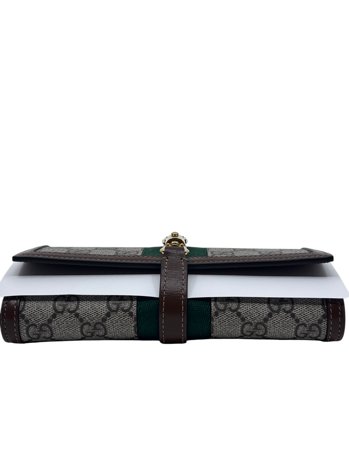 Posh Purse Co brand new Gucci Jackie 1961 clutch in GG Supreme canvas with green stripe and brown leather trim