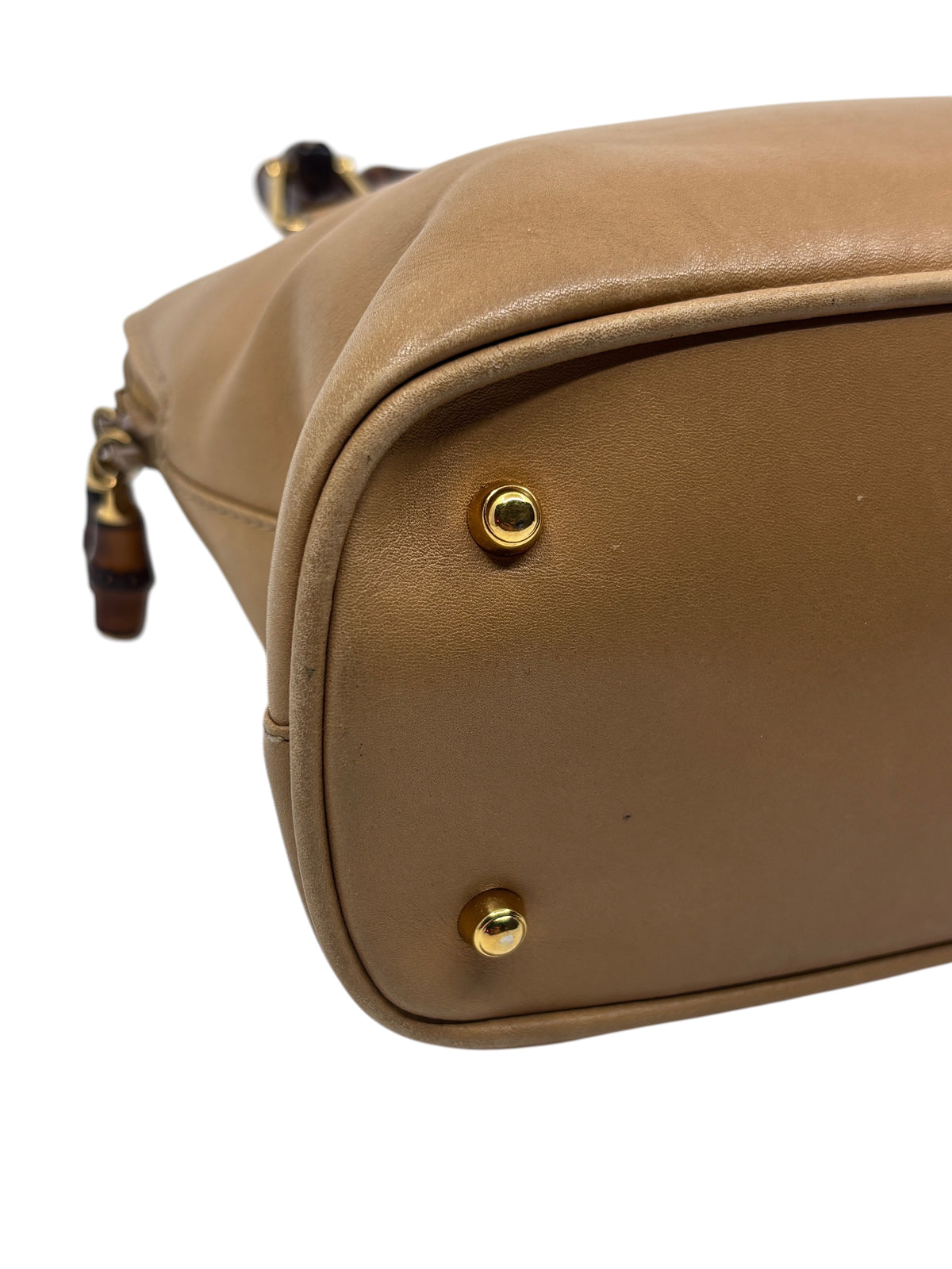 Posh Purse Co Gucci leather bamboo satchel handbag base with gold protective feet and smooth tan leather finish