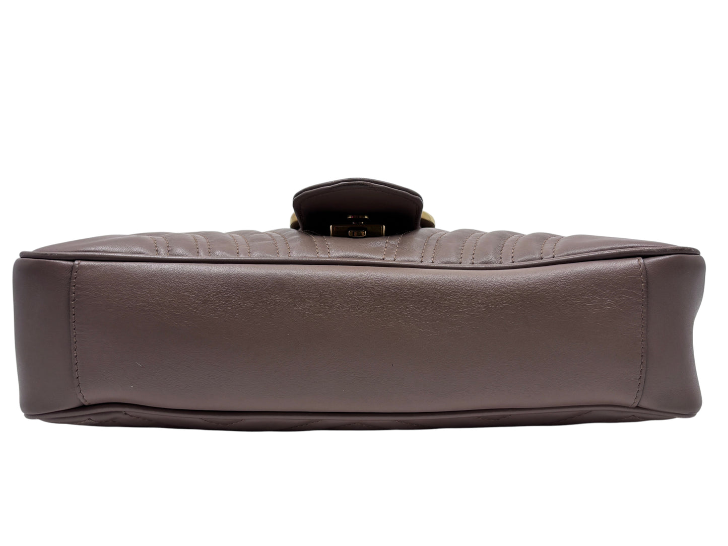 Posh Purse Co beige quilted leather Gucci Marmont shoulder bag bottom view with gold hardware