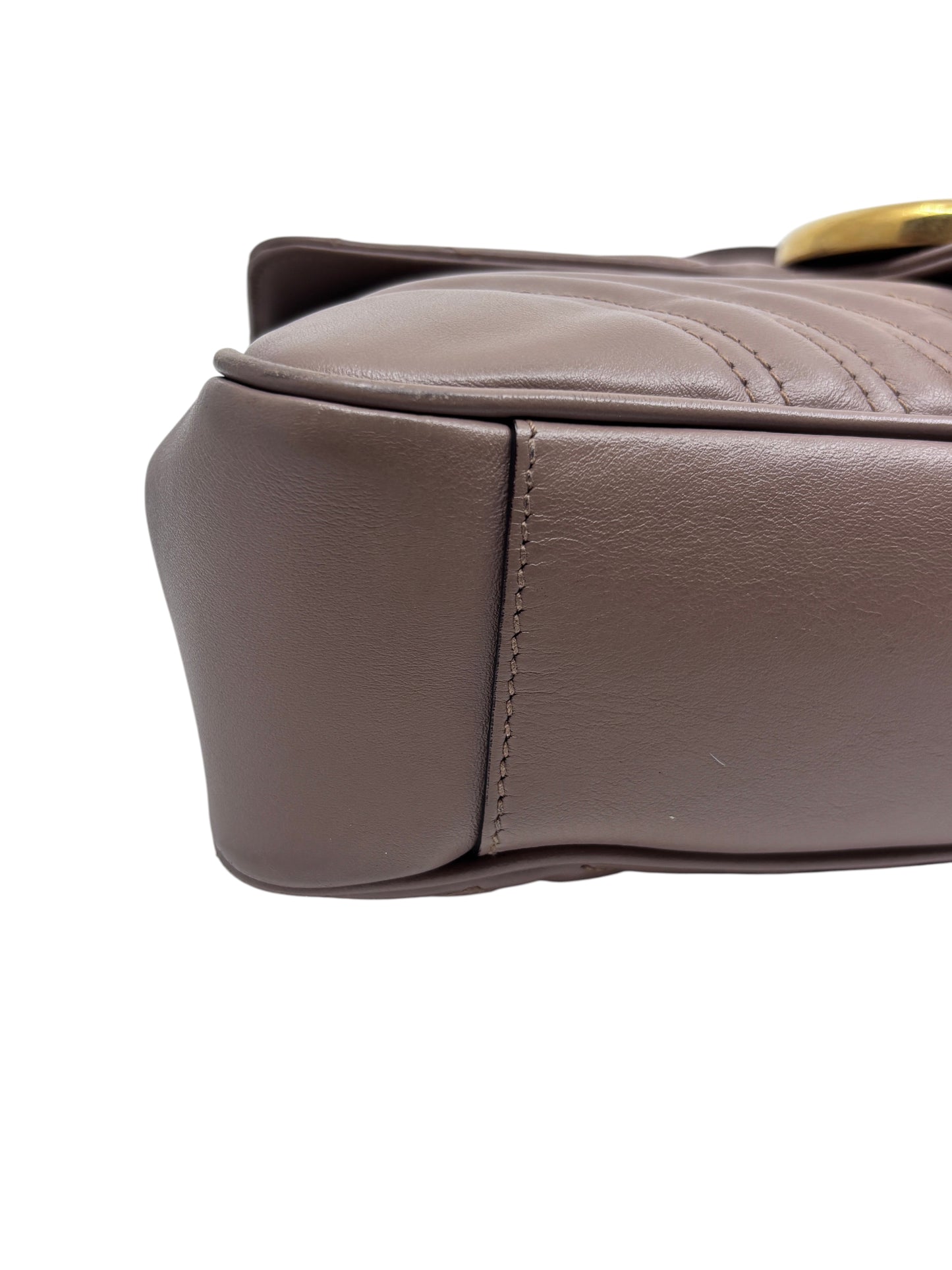 Posh Purse Co beige quilted leather Gucci Marmont shoulder bag side view showing chevron stitching