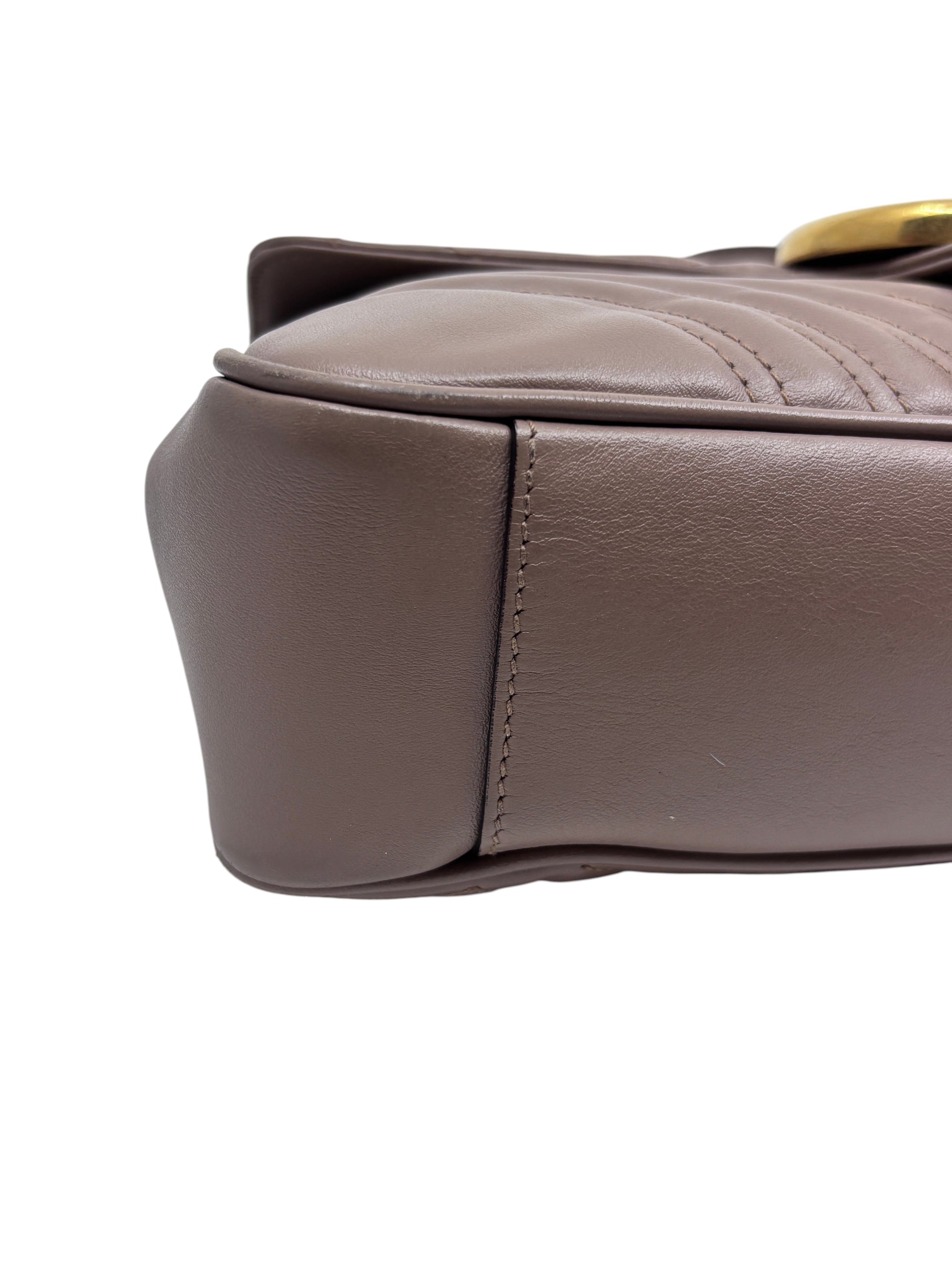 Posh Purse Co beige quilted leather Gucci Marmont shoulder bag side view showing chevron stitching