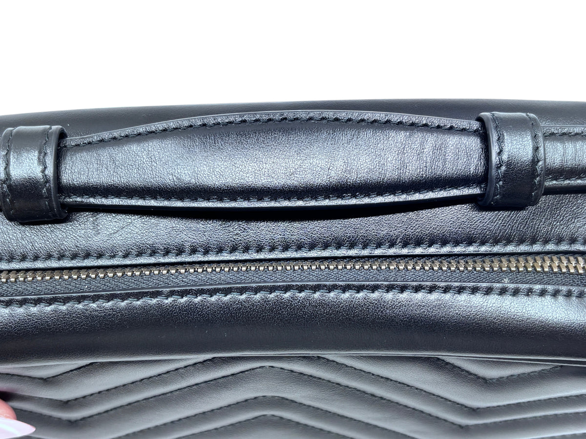 Posh Purse Co black leather Gucci Marmont crossbody bag with chevron quilting and red and blue striped strap detail