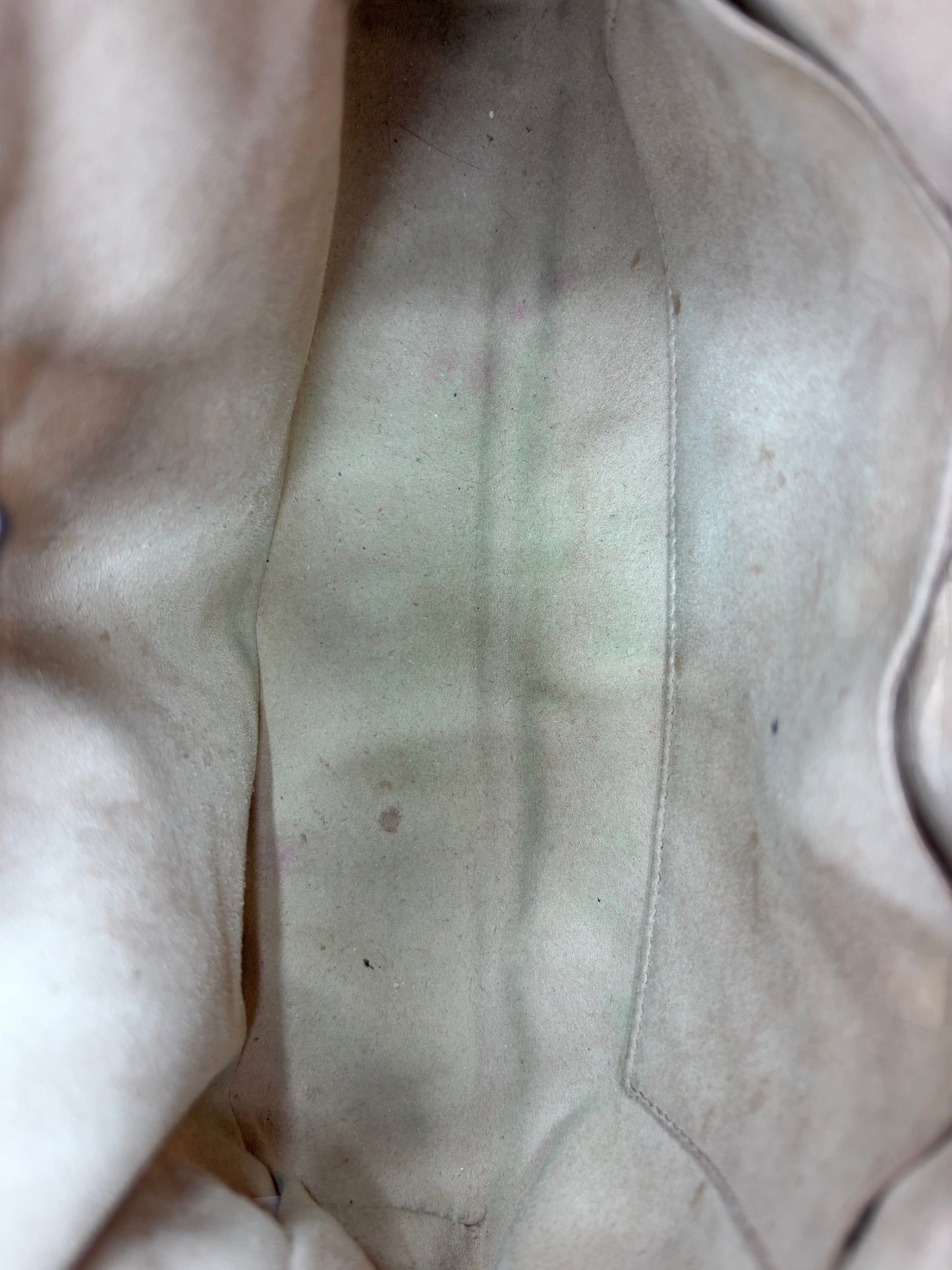 Interior view of a preloved beige Gucci Marmont bag from Posh Purse Co showing signs of moderate staining.