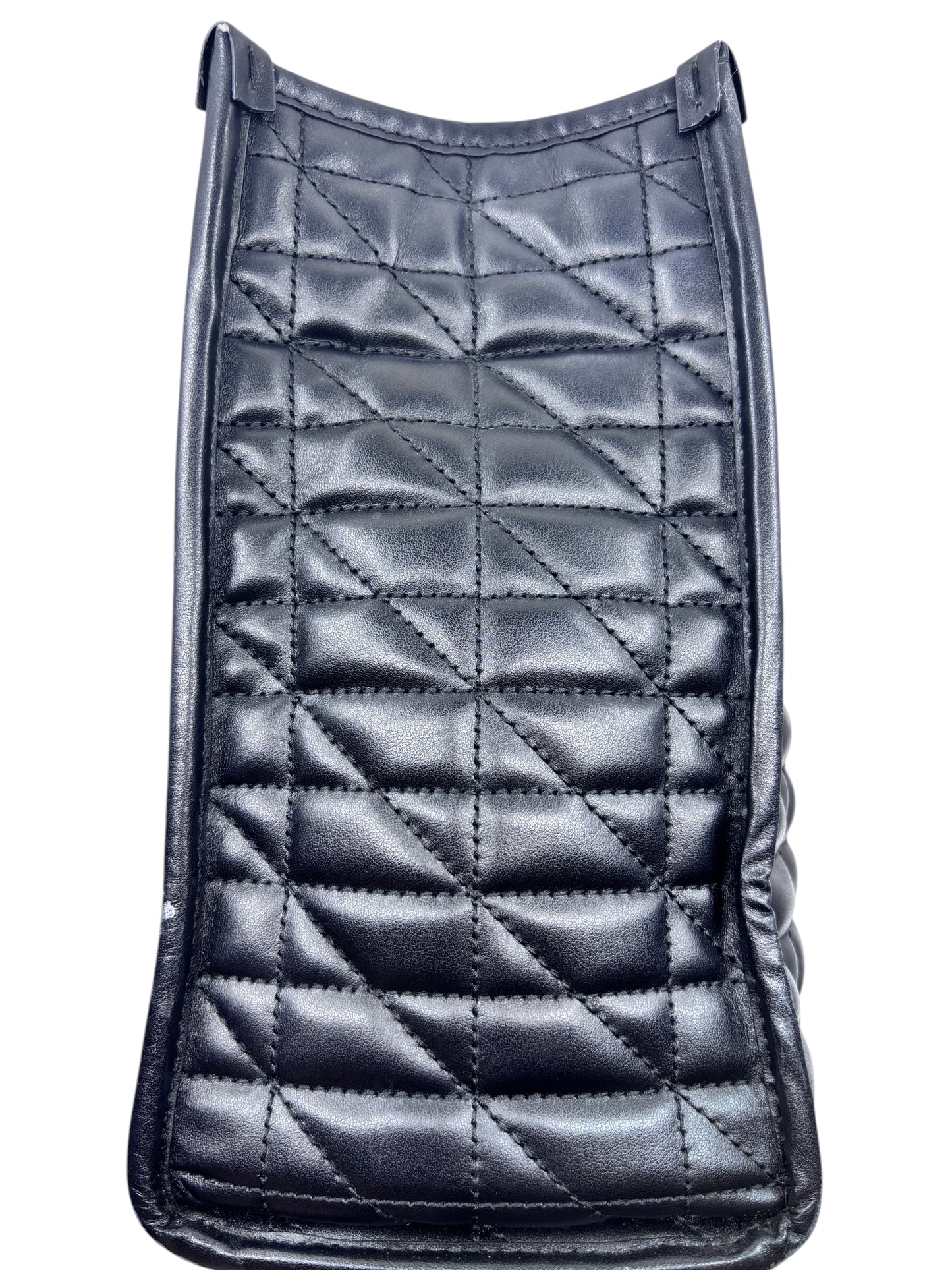 Side view of Posh Purse Co black matelassé chevron quilted leather Gucci Marmont shoulder bag
