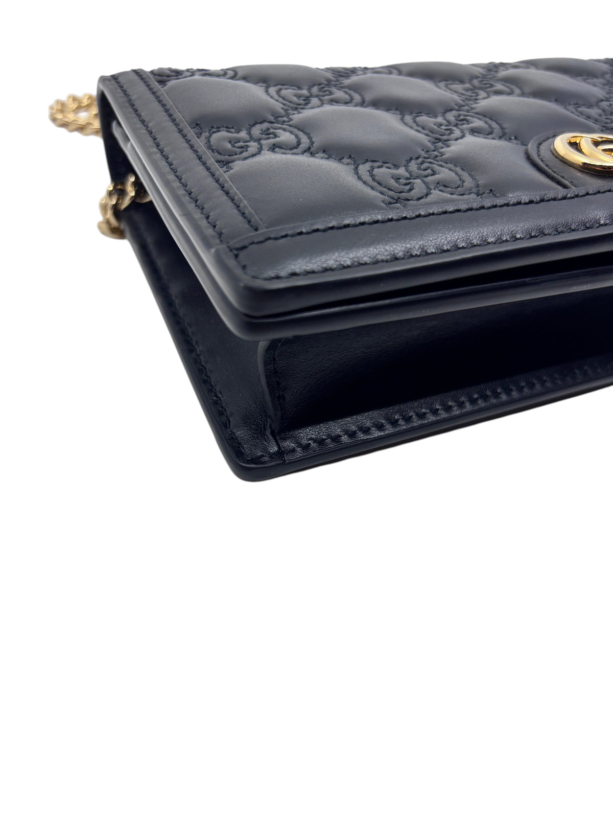 Posh Purse Co black matelassé chevron leather Gucci GG Marmont wallet on chain with antique gold hardware detail