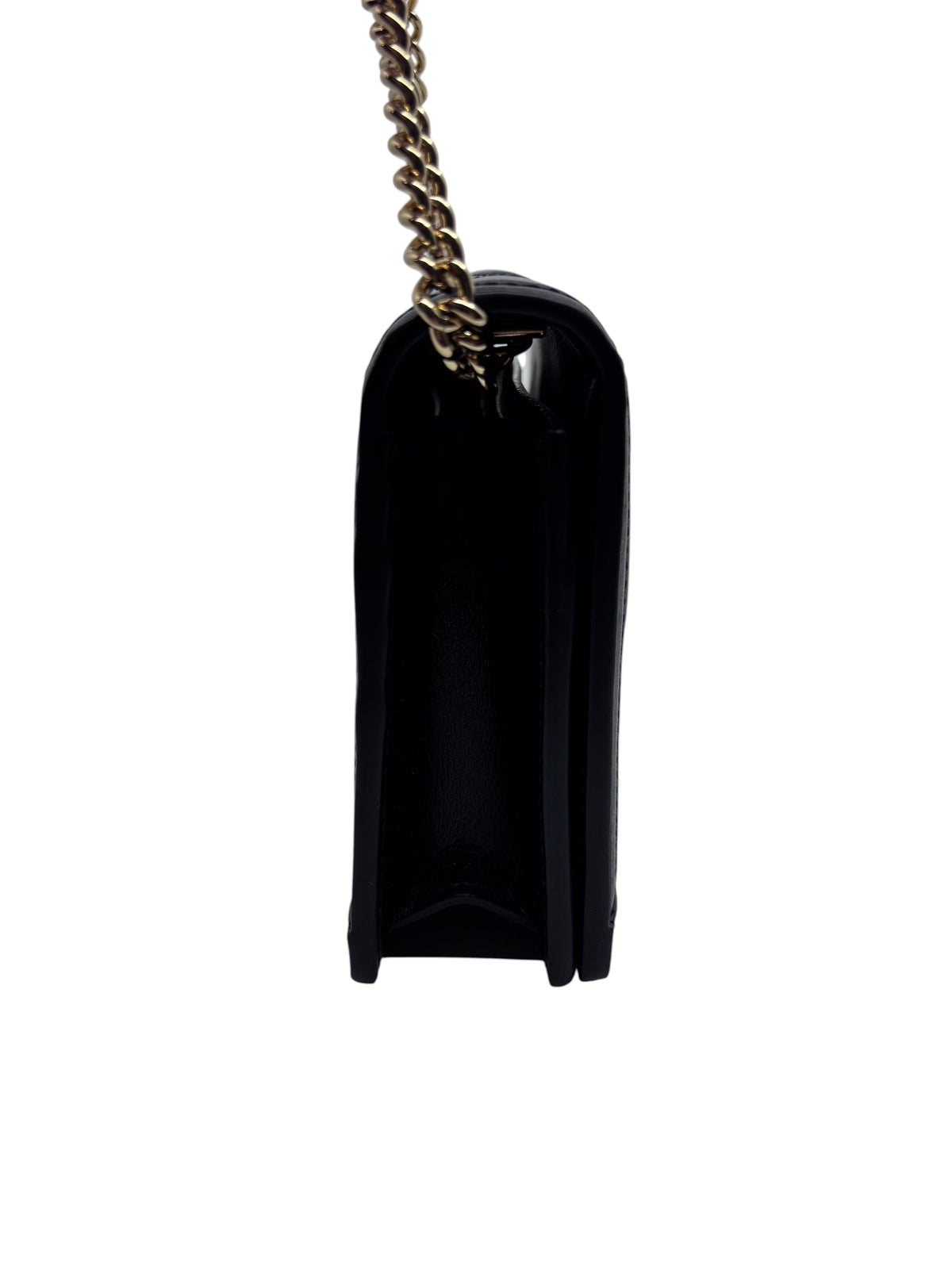 Posh Purse Co black matelassé leather Gucci GG Marmont wallet on chain side view with gold chain strap