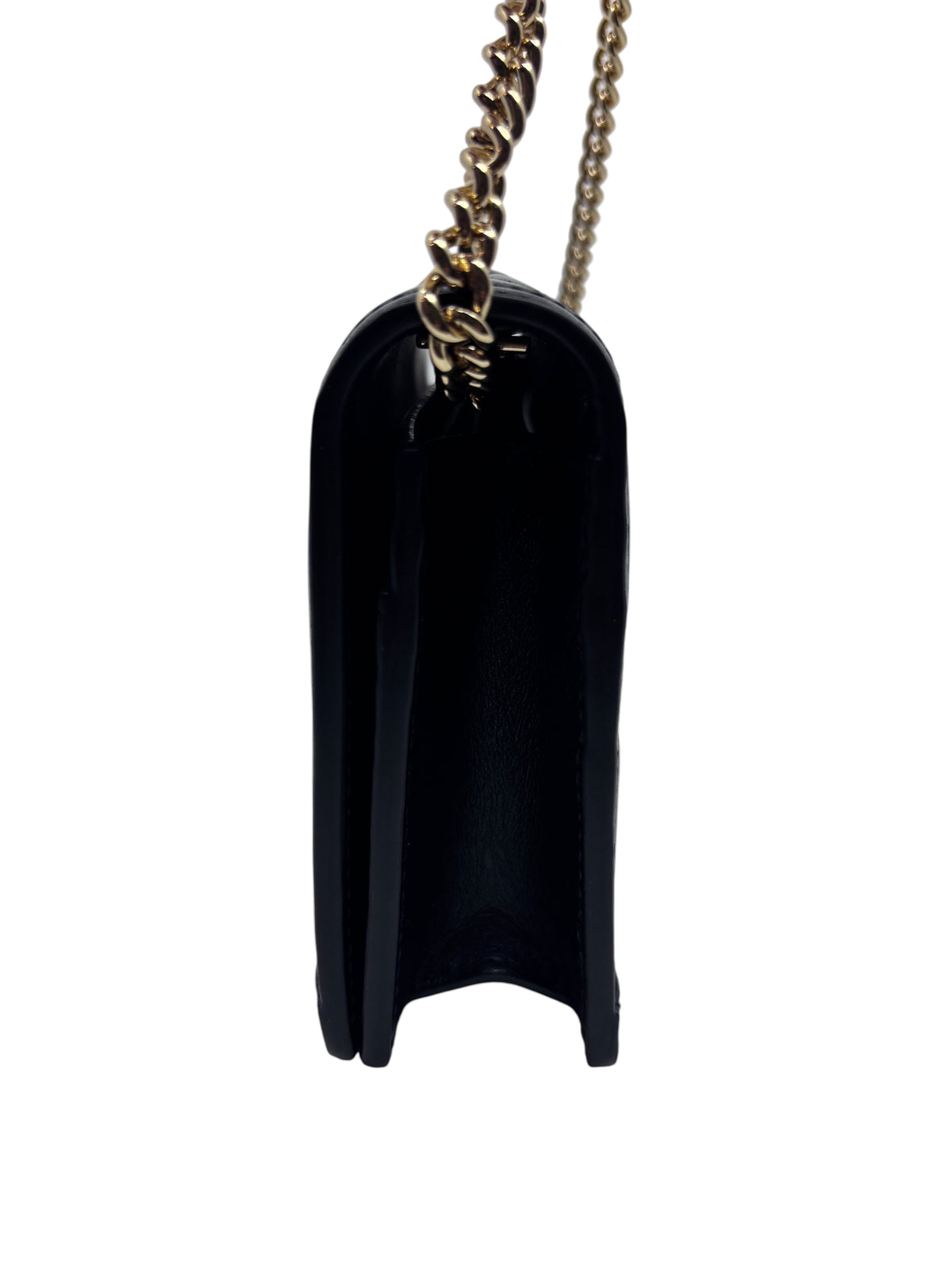 Side view of a black Posh Purse Co Gucci GG Marmont wallet on chain featuring chevron leather and gold chain strap