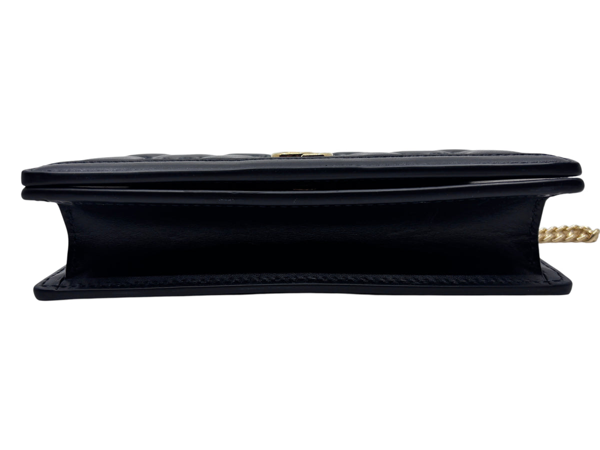 Posh Purse Co black matelassé chevron leather Gucci GG Marmont wallet on chain side profile view