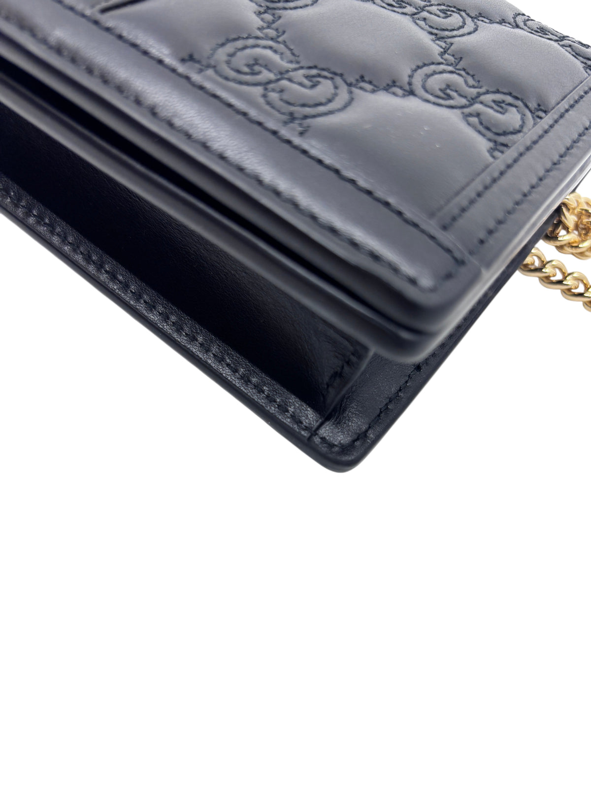 Posh Purse Co. black matelassé chevron leather Gucci GG Marmont wallet on chain with antique gold-tone hardware