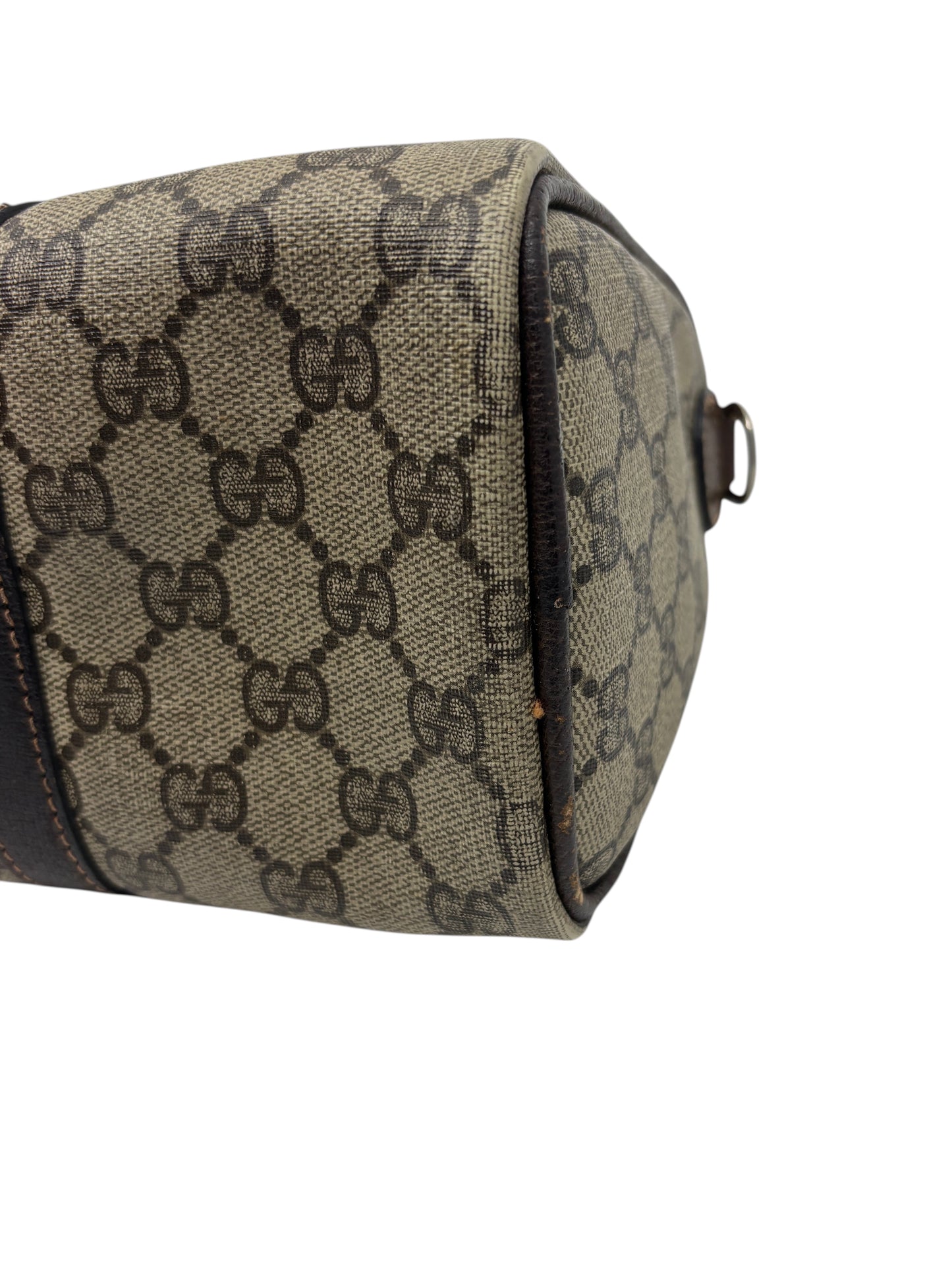 Posh Purse Co vintage Gucci Boston bag featuring the iconic brown monogram coated canvas and dark leather trim.