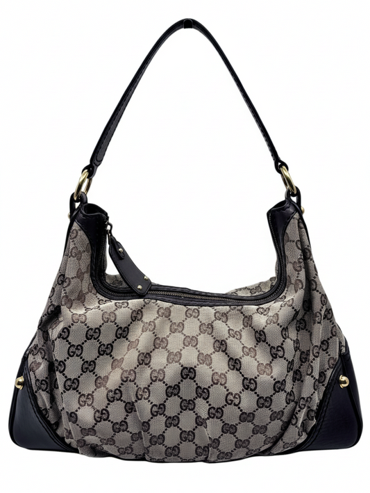 Posh Purse Co. preloved Gucci Jockey medium hobo bag in iconic GG monogram canvas with black leather trim