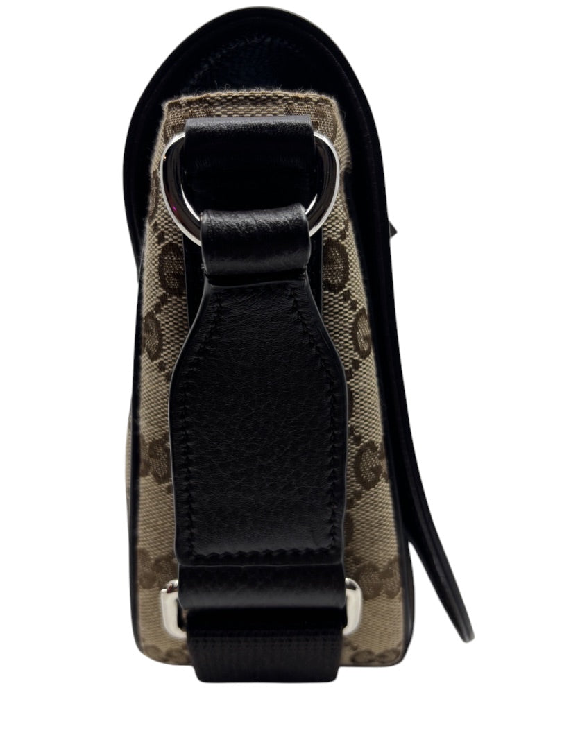 Posh Purse Co. Gucci GG monogram canvas flap messenger bag with black leather side strap detail