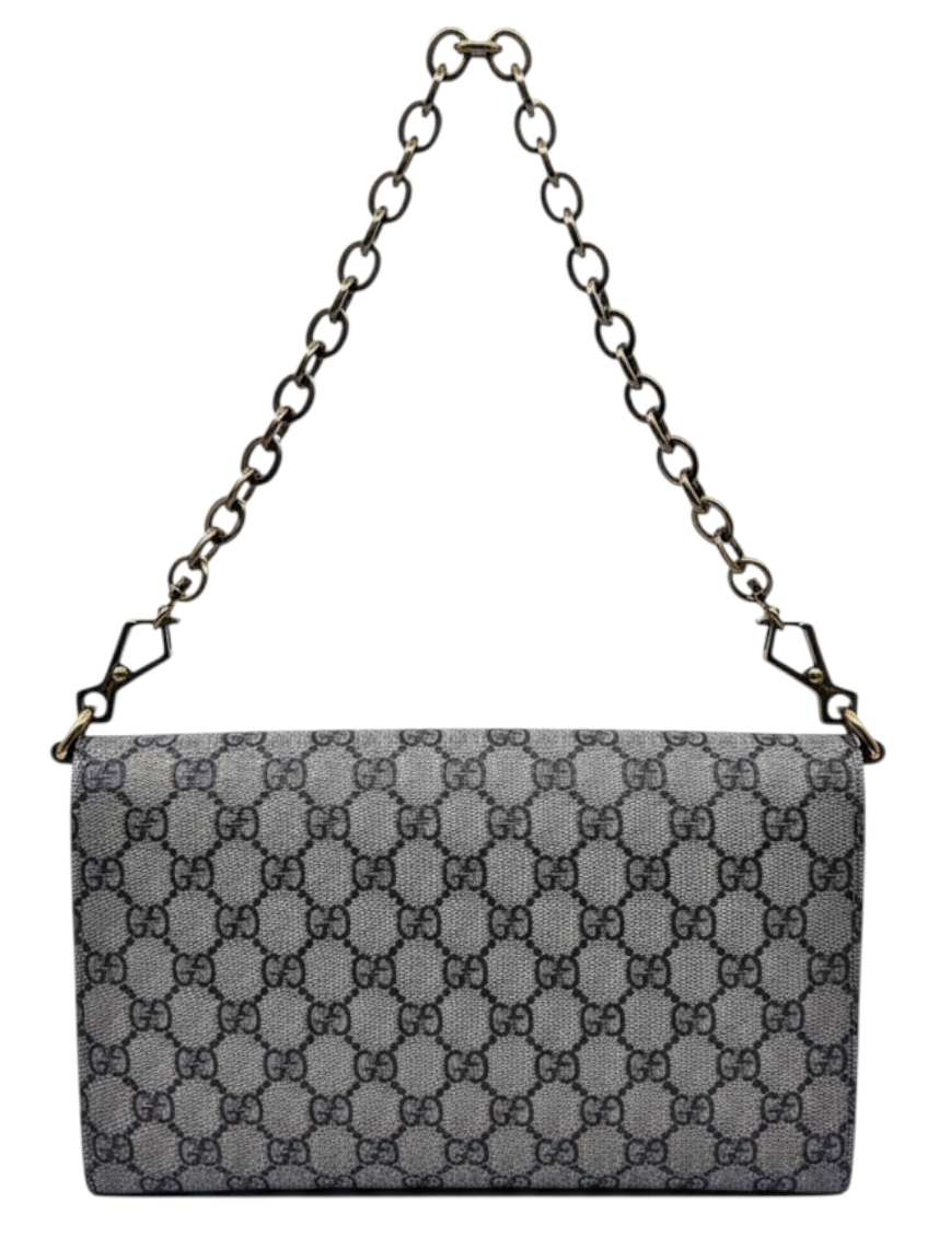 Posh Purse Co. Gucci Horsebit 1955 shoulder bag in grey GG Supreme monogram canvas with a gold-tone chain strap.