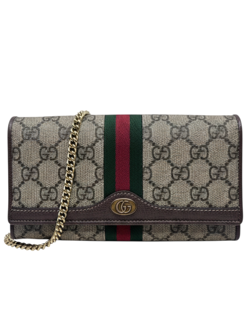Posh Purse Co. preloved Gucci monogram wallet on chain with signature web stripe and gold-tone chain strap