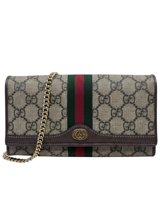 Posh Purse Co. preloved Gucci monogram wallet on chain with signature web stripe and gold-tone chain strap
