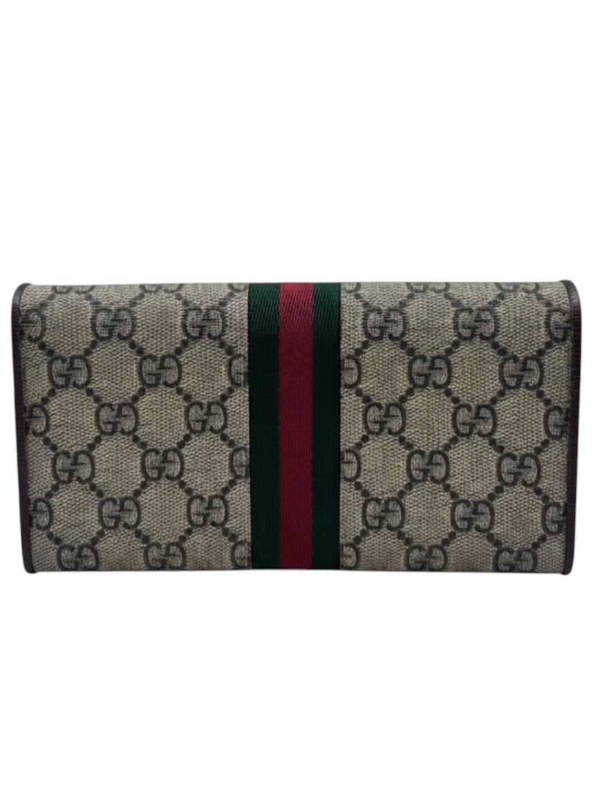 Posh Purse Co. preloved Gucci monogram canvas wallet on chain with iconic red and green web stripe detail
