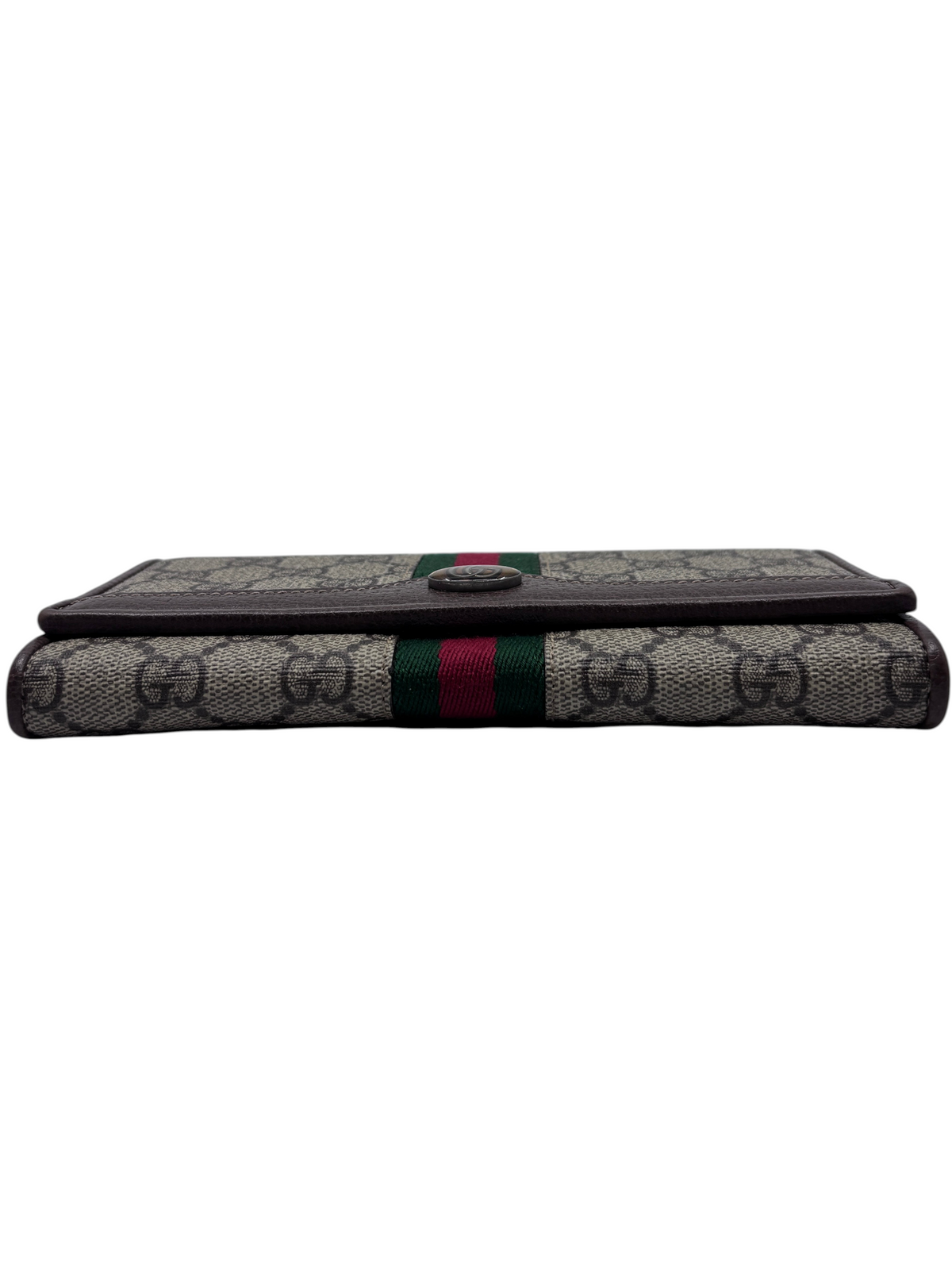Posh Purse Co. preloved Gucci monogram wallet on chain featuring iconic canvas, leather trim, and web stripe detail.