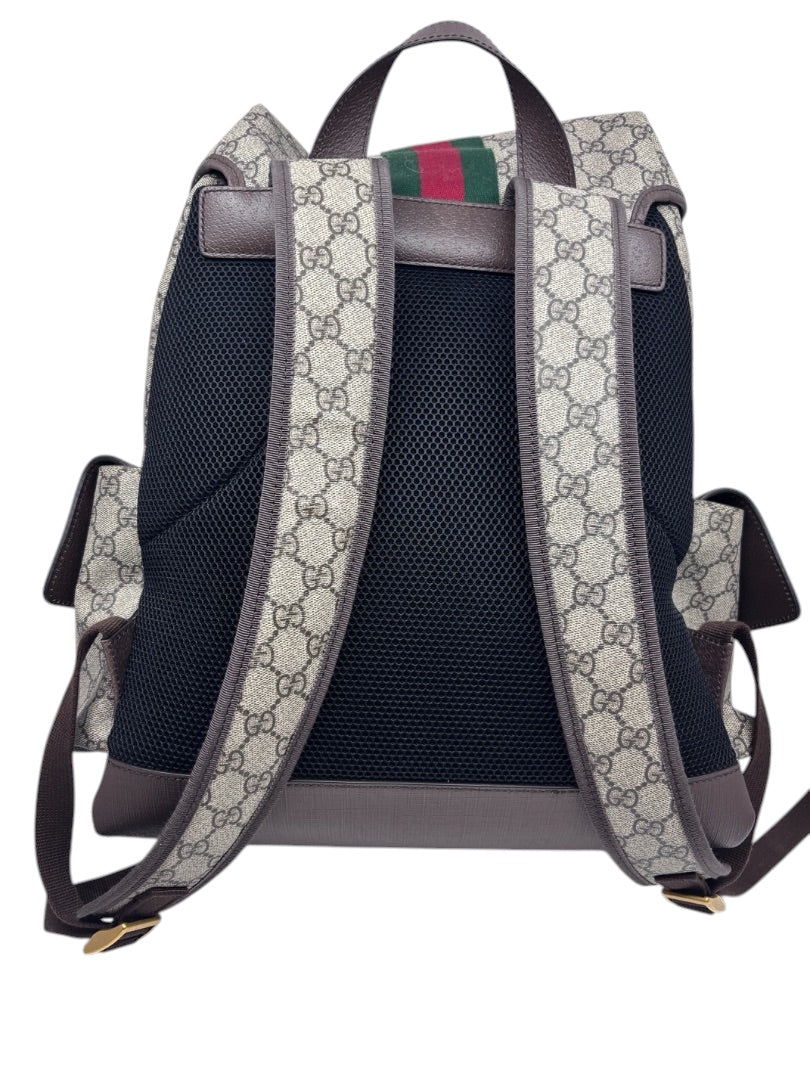 Posh Purse Co preloved Gucci GG Supreme Ophidia backpack featuring monogram canvas, brown leather trim, and mesh back.