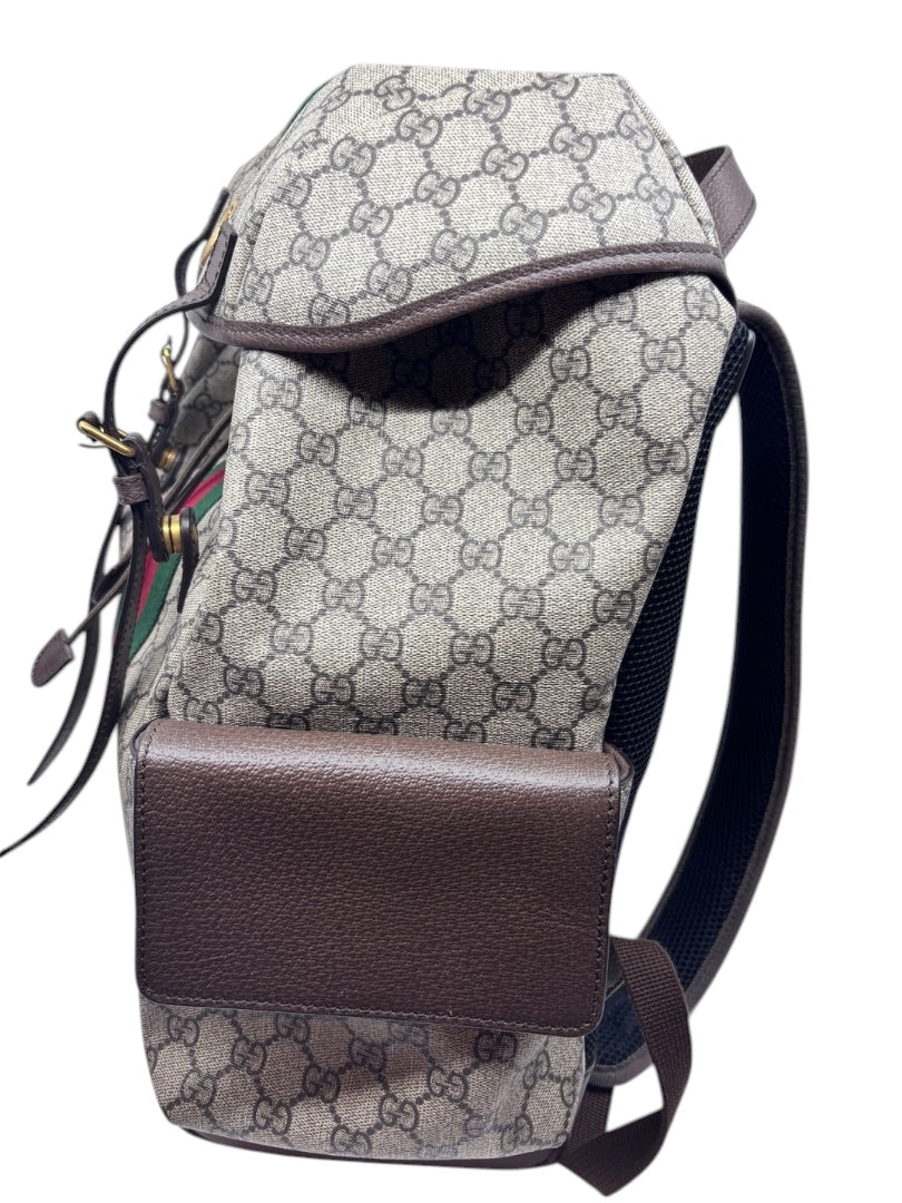 Posh Purse Co Gucci GG Supreme Ophidia backpack in monogram coated canvas with brown leather trim and side pocket