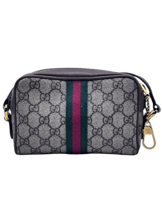 Posh Purse Co preloved Gucci GG Ophidia shoulder bag in grey monogram canvas with signature red and green web stripe.