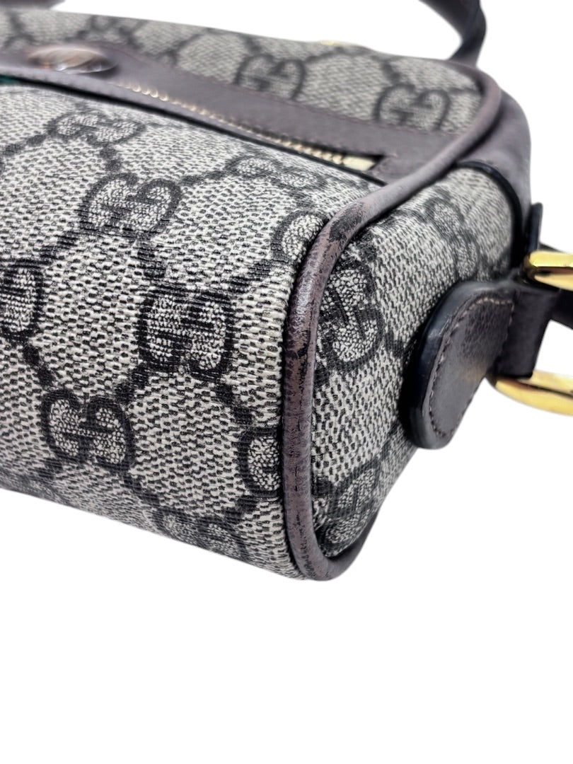 Posh Purse Co preloved Gucci GG Ophidia shoulder bag in grey monogram canvas with visible corner wear and leather trim